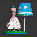 Cute Doll In Pink Dress Standing With Lambs And Blue Lampshade On Grass Base