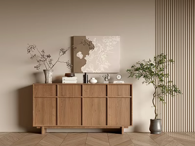 Wooden Entryway Cabinet Sideboard With Vase Books Green Plant Wall Art And Herringbone Wooden Floor 3d model