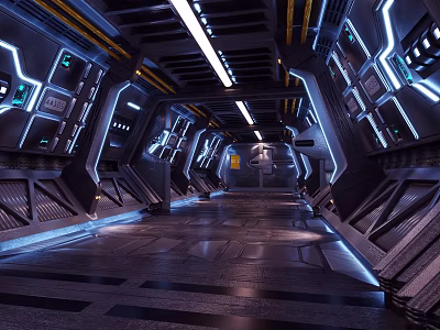 Cartoon Sci Fi Corridor Scene With Glowing Blue Lines Control Panels And Metallic Walls 3d model