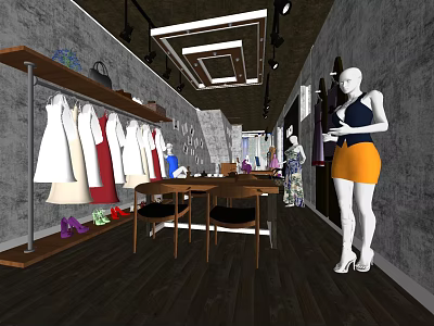 Bridal Shop Interior With Various Hanging Wedding Dresses Display Mannequin Racks Purple Shoes And Tables 3d model