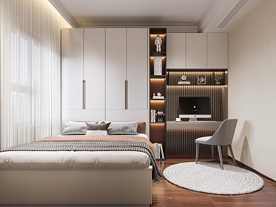 Minimalist Tatami Bedroom Interior With Built in Wardrobe Study Desk And Round Rug 3d model