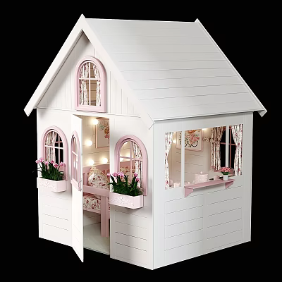 House Shaped White and Pink Children's Bed with Windows Curtains and Flower Pots 3d model