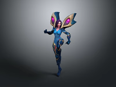 Stunning Fantasy Game Movie Character with Blue Outfit Purple Hair Glowing Wings and Dynamic Stance 3d model