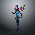 Stunning Fantasy Game Movie Character with Blue Outfit Purple Hair Glowing Wings and Dynamic Stance
