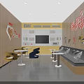Bright Modern Café Interior with Wooden Walls Bookshelves Cartoon Decor and Colorful Seating