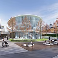 Modern Commercial Landscape With Curved Glass Building Trees Plaza Silver Sculpture People Strolling And Greenery