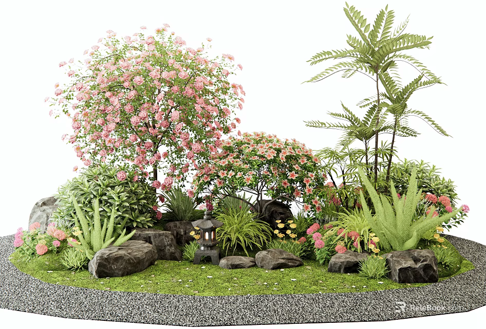 Garden Plant Combination With Pink Flowering Tree Ferns Green Plants Rocks And Small Lantern 3d model 