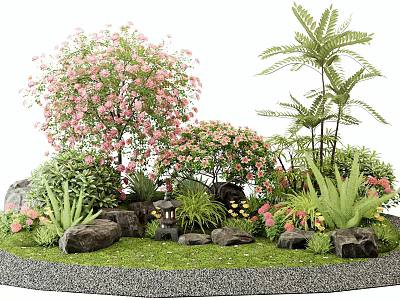 Garden Plant Combination With Pink Flowering Tree Ferns Green Plants Rocks And Small Lantern 3d model