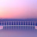 Elegant Pink Balcony Scene With Pillars Railing Calm Water Distant Mountains And Pink Gradient Sky