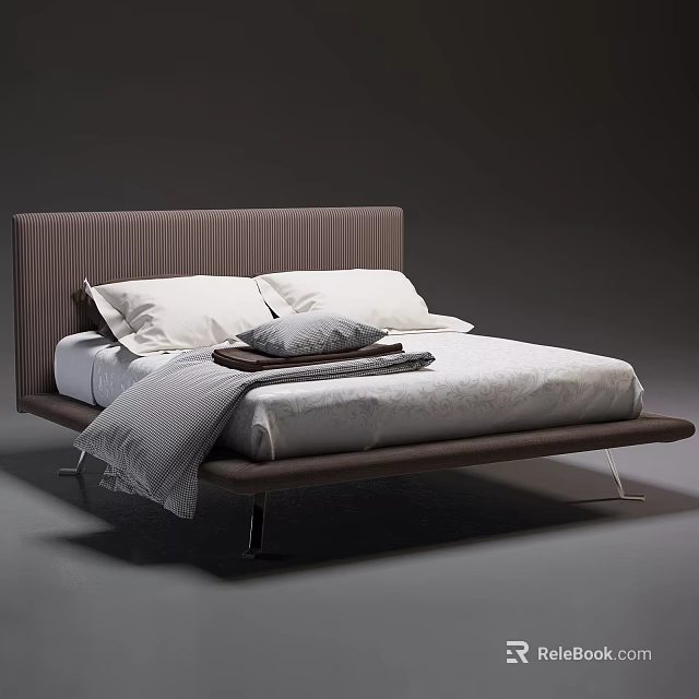 Modern Double Bed With Striped Brown Headboard White Pillows And Folded Blanket 3d model 
