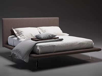 Modern Double Bed With Striped Brown Headboard White Pillows And Folded Blanket 3d model