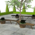 Wooden Outdoor Chairs With Planters And Green Plants In Garden Stone Pavement
