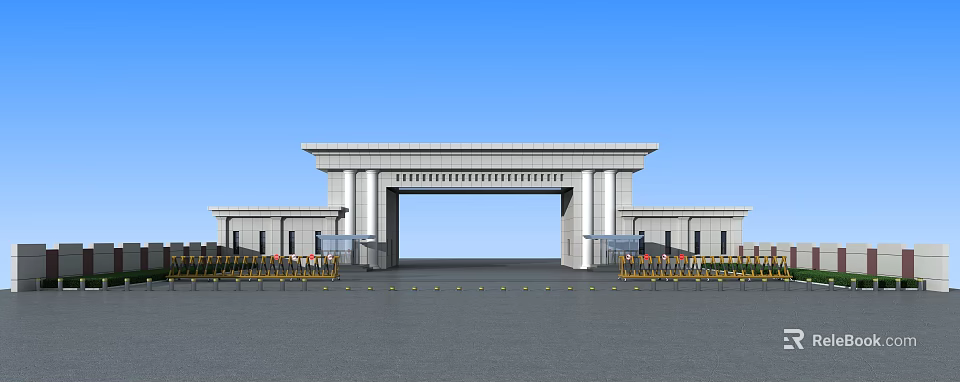 Modern Entrance Gate With Archway Top Beam And Side Buildings Along Roadway 3d model 