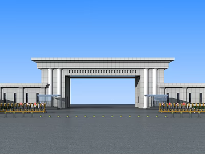 Modern Entrance Gate With Archway Top Beam And Side Buildings Along Roadway 3d model