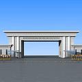 Modern Entrance Gate With Archway Top Beam And Side Buildings Along Roadway