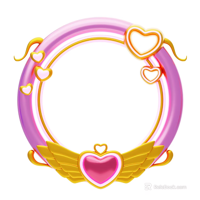 Pink Gold Heart Shaped Wing Design Circular Frame Decorative Ornament Decoration Set 3d model 