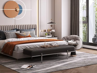 Modern Stylish Bedroom With Headboard Decorative Pillows Orange Blanket Bench Circular Wall Art Hanging Lamp 3d model