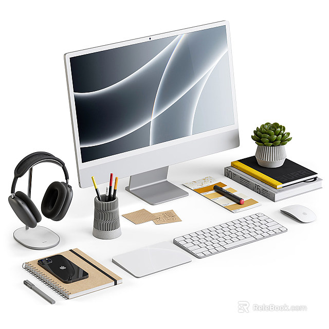 Modern Desktop Computer Setup with Monitor Headphones Keyboard Mouse Notebook Pencils and Succulent Plant 3d model 