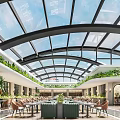 Modern Restaurant Interior Design With Glass Roof Green Plants Natural Light And Seating
