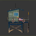 Elevated Lifeguard Tower With Blue Roof Green Walls Lifebuoys And Wooden Stairs