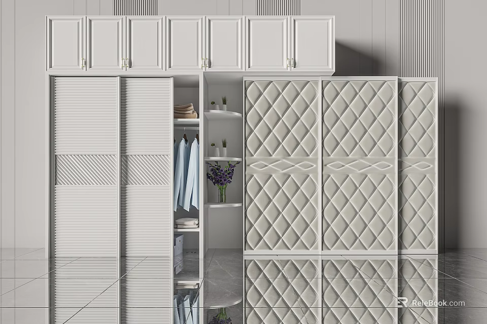 Modern White Wardrobe With Sliding Doors Diamond Pattern Panels And Hanging Shelves 3d model 