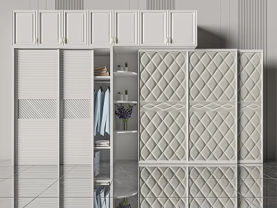 Modern White Wardrobe With Sliding Doors Diamond Pattern Panels And Hanging Shelves 3d model