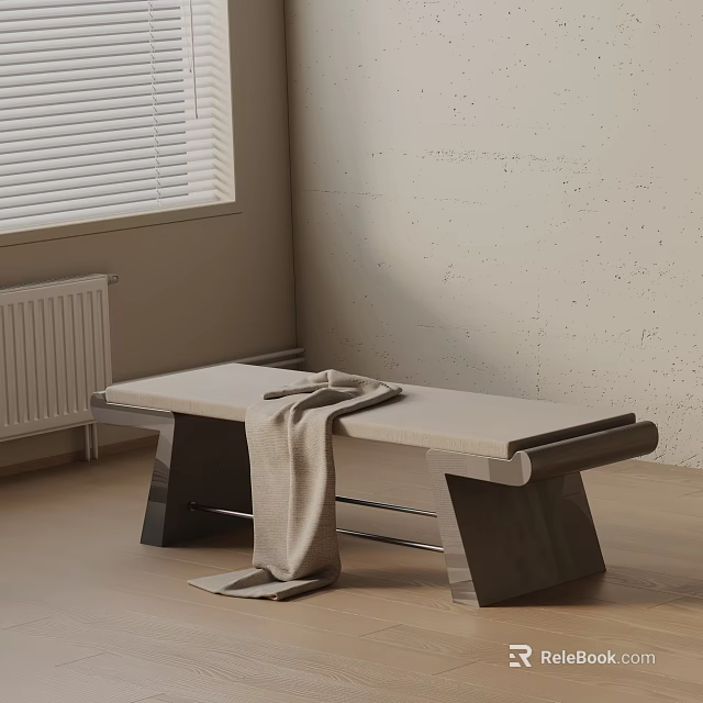 Minimalist Design Sofa Bench with Gray Blanket on Wooden Floor against Beige Textured Wall 3d model 