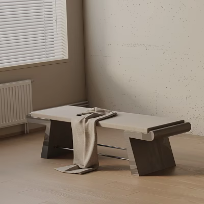 Minimalist Design Sofa Bench with Gray Blanket on Wooden Floor against Beige Textured Wall 3d model