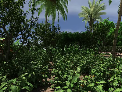 Lush Garden Landscape With Dense Green Plants Diverse Trees And Natural Foliage 3d model