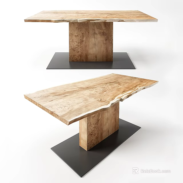 Natural Live Edge Solid Wood Dining Table With Rectangular Top And Sturdy Base 3d model 
