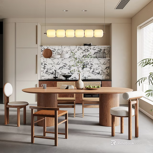 Modern Restaurant Interior With Round Dining Table Wooden Chairs And Marble Wall 3d model