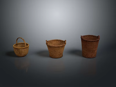 Three Handwoven Baskets in Various Sizes for Daily Household Use 3d model