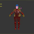 3D Rendered Game and Movie Character with Teal Hair Red Black Armor and Gear