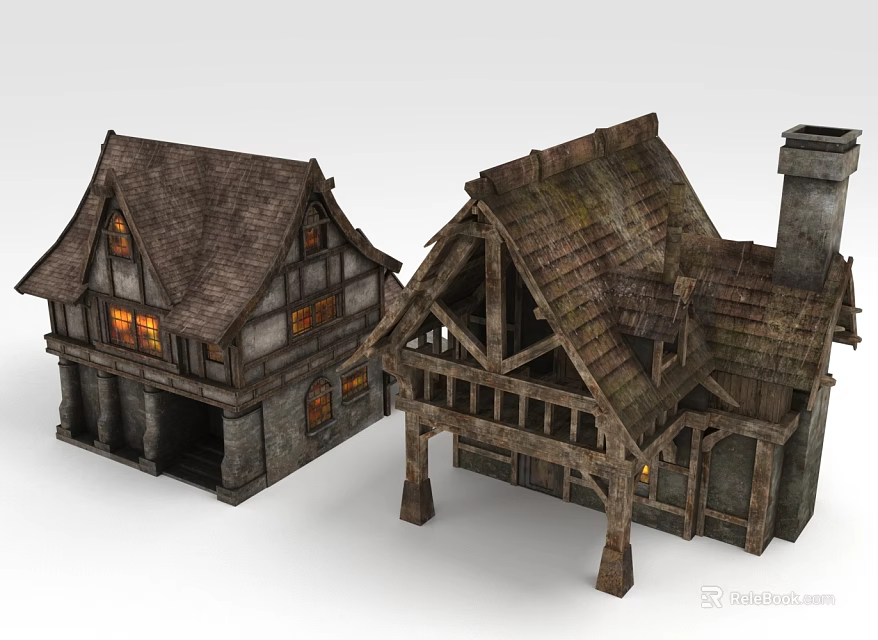 Medieval Style Wooden House Architecture Models With Sloped Roofs And Lit Windows 3d model 