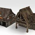 Medieval Style Wooden House Architecture Models With Sloped Roofs And Lit Windows