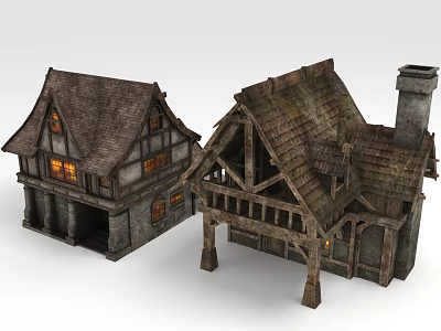 Medieval Style Wooden House Architecture Models With Sloped Roofs And Lit Windows 3d model