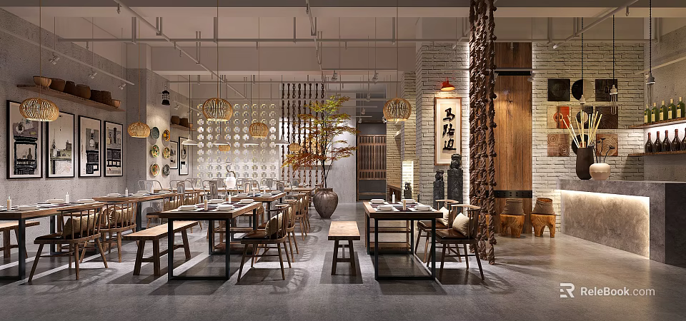 Traditional Chinese Hot Pot Restaurant Interior With Wooden Tables Chairs Lanterns And Brick Walls 3d model 