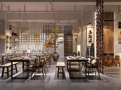 Traditional Chinese Hot Pot Restaurant Interior With Wooden Tables Chairs Lanterns And Brick Walls 3d model