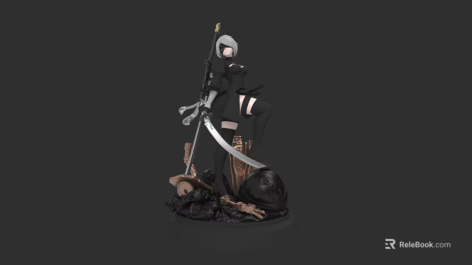 Woman in Black Outfit with Gray Hair Holding Sword on Detailed Statue Base 3d model 