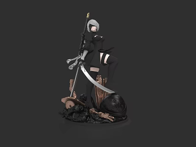 Woman in Black Outfit with Gray Hair Holding Sword on Detailed Statue Base 3d model
