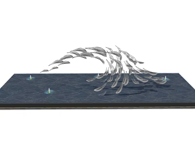 Artistic Garden Ornament Featuring Leaping Fish Sculptures And Water Fountains On Decorative Water Platform 3d model