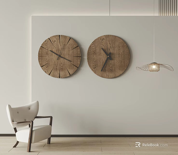 Two Wooden Wall Clocks In Minimalist Interior With Armchair And Lamp 3d model 