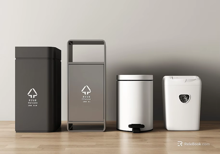 Modern Household Waste Bins In Black Gray Silver White With Sorting And Pedal Designs 3d model 