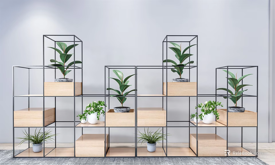 Modern Display Shelves with Metal Frames and Wooden Layers Holding Green Plants in Contemporary Design 3d model 