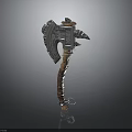 Ornate Metal Battle Axe With Intricate Carvings And Wrapped Handle Design