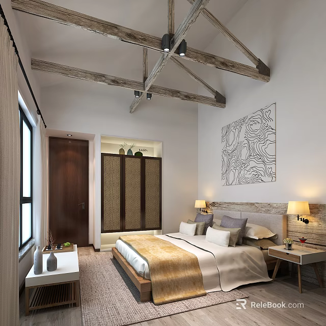 Modern Hotel Room Interior With Wooden Beams King Bed Abstract Line Art And Rattan Cabinet 3d model 