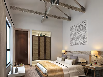 Modern Hotel Room Interior With Wooden Beams King Bed Abstract Line Art And Rattan Cabinet 3d model