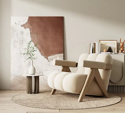 Minimalist Beige Single Seater Sofa With Wooden Armrests Woven Rug And Abstract Painting 3d model