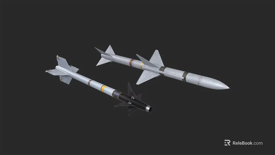 Military Missiles With Aerodynamic Design Gray Body Yellow Stripes And Tail Fins 3d model 