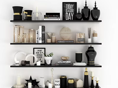 Decorative Ornament Combination on Black Shelves with Vases Candles Books and Geometric Decor 3d model